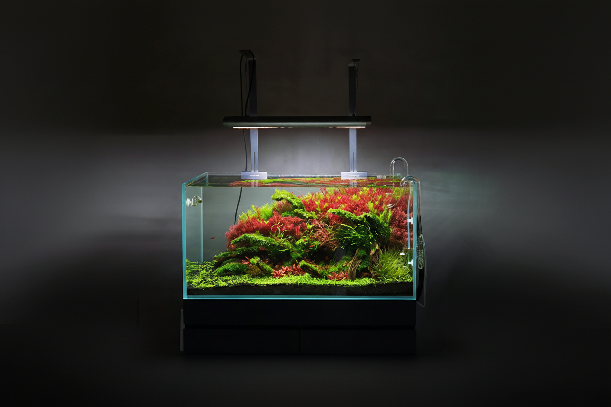 Aquascape mit verschiedenen Pflanzenarten in Studio-Umgebung