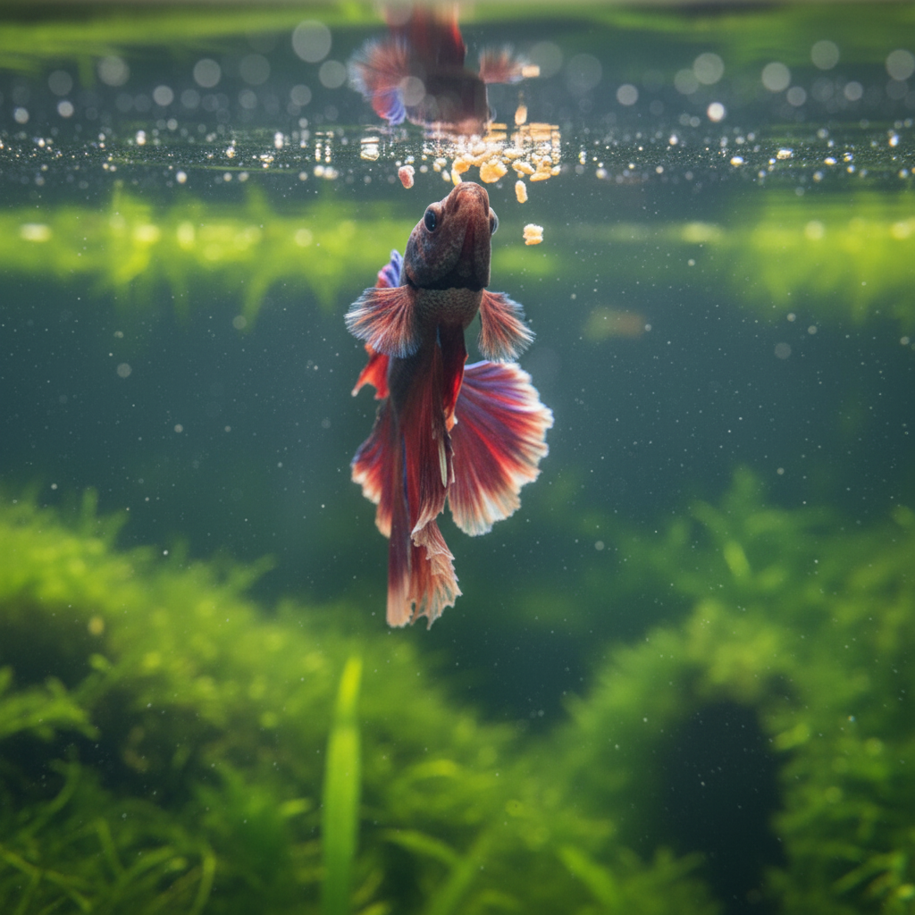 Betta mit rötlichem Flockenfutter