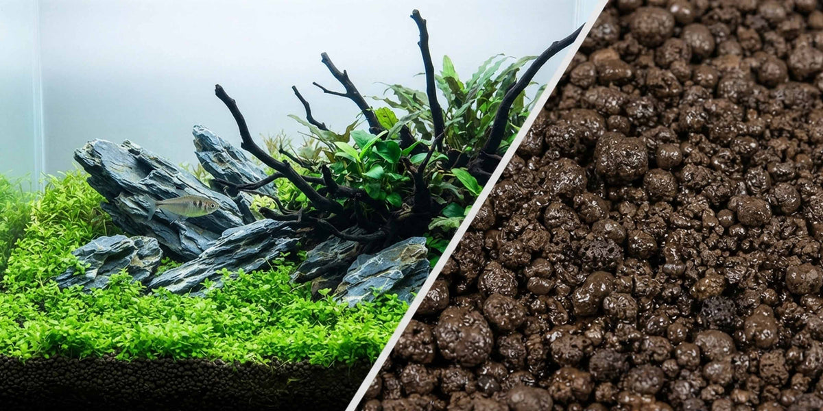 Aquascape mit Pflanzenteppich und Nahaufnahme von nährstoffreichem Bodengrund