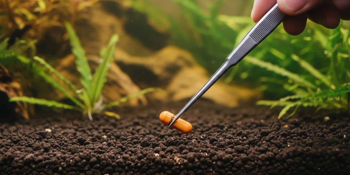 Bodendünger wird mit der Pinzette in den Soil gesteckt