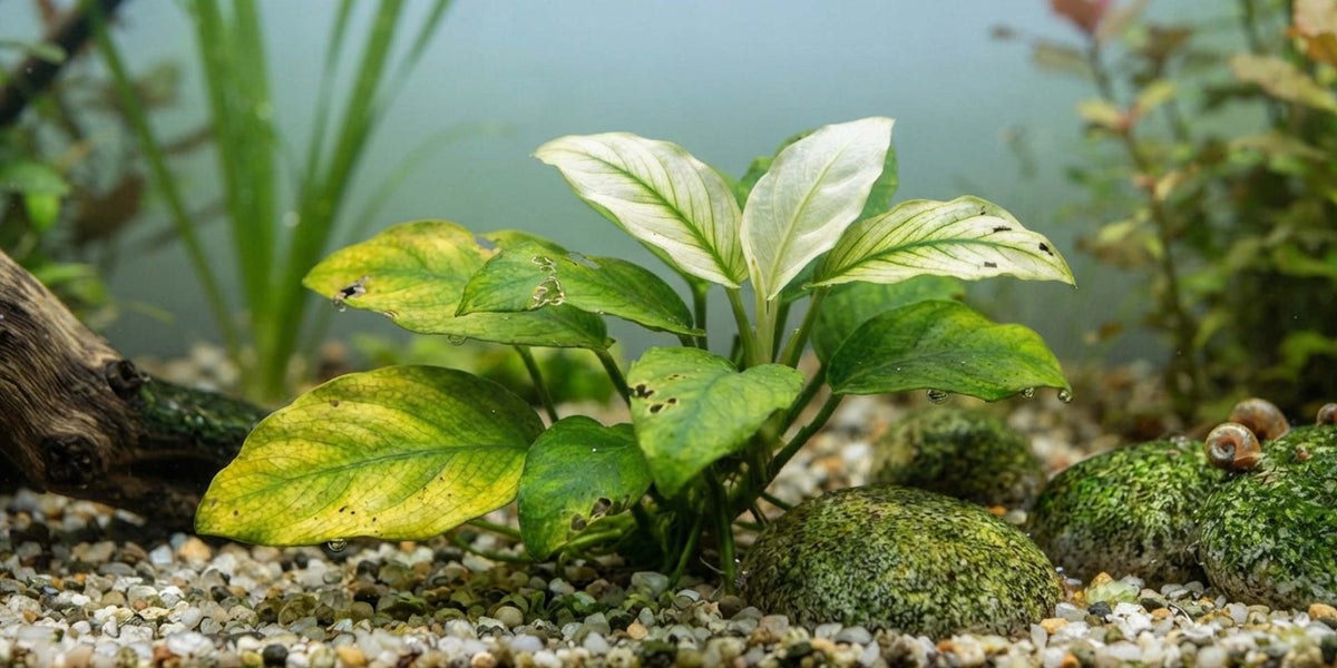 Aquarienpflanze mit Nährstoffmangel – gelbe Blätter mit grünen Adern