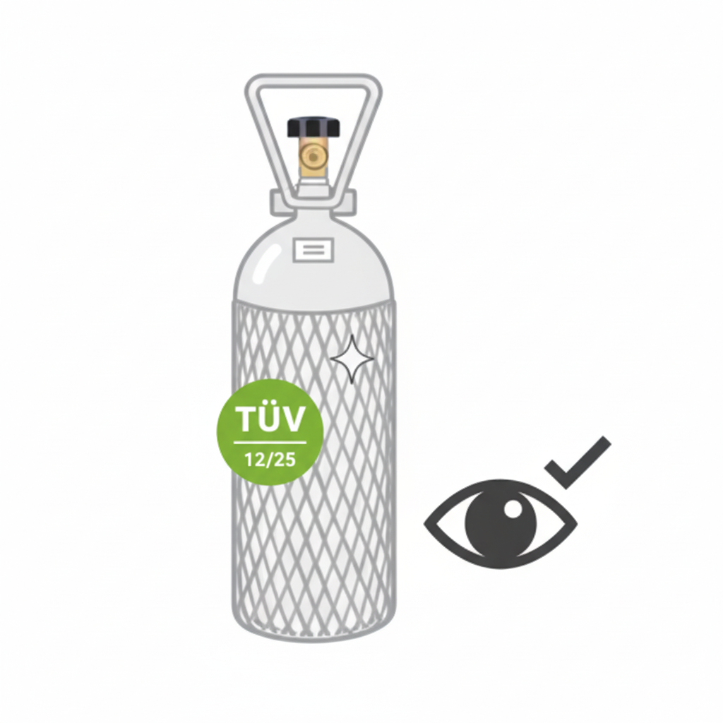 Icon CO2-Flasche mit TÜV-Label und Kontroll-Auge