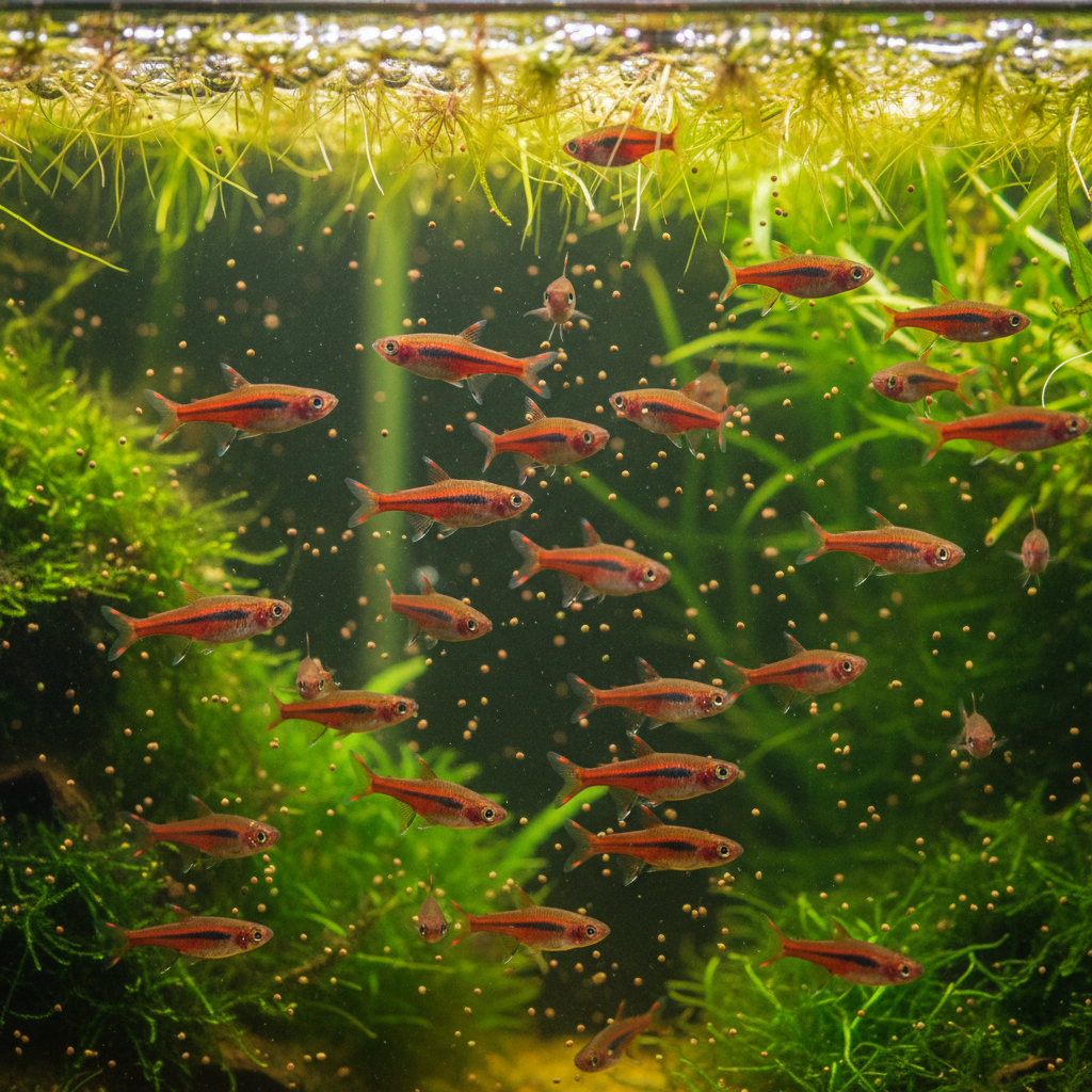 Rasbora brigittae Schwarm beim Fressen